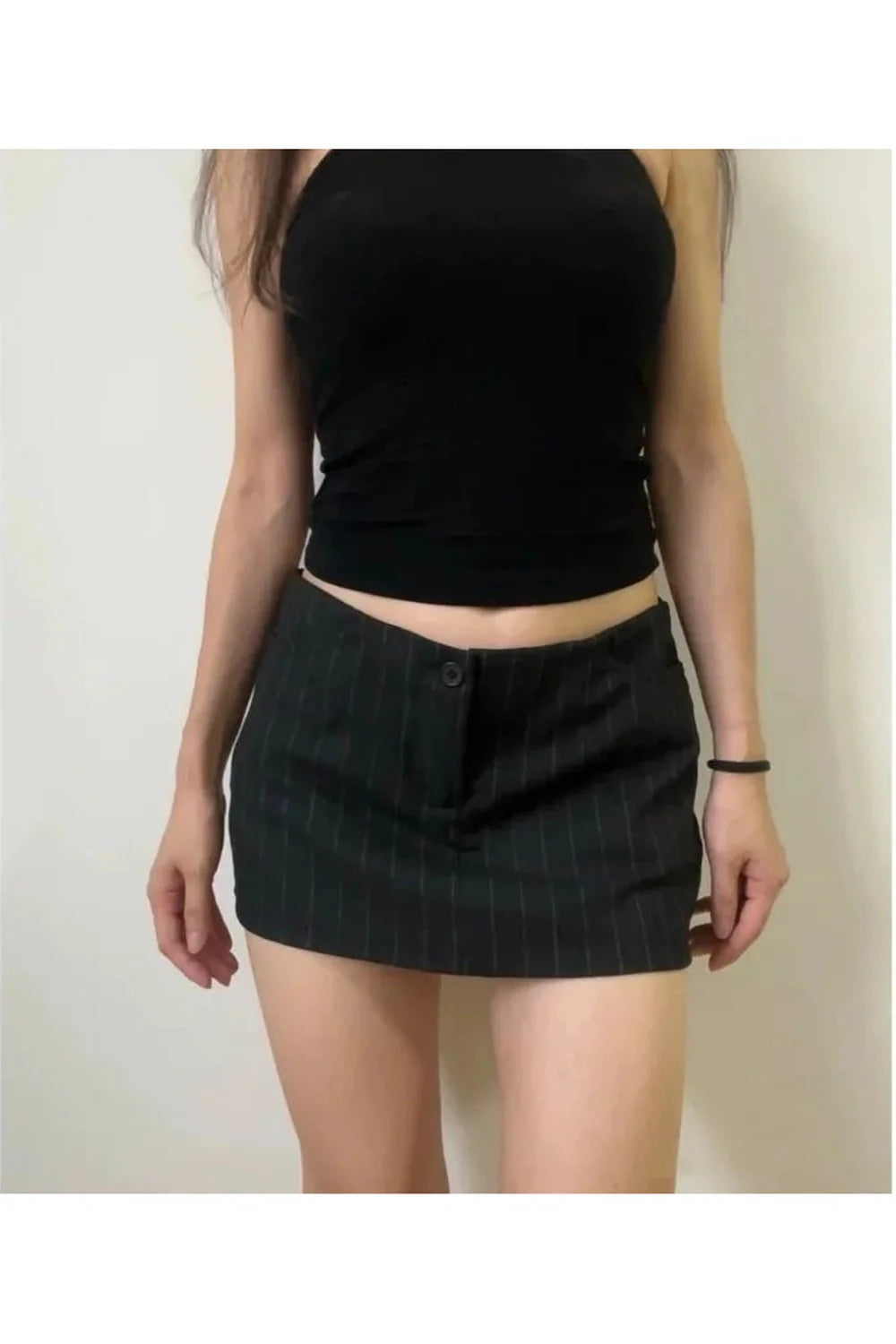 Pinstripe Office Mini Skirt in black, professional attire.