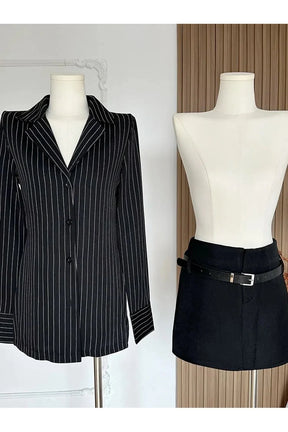 Elegant Pinstripe Skirt Set exudes professional confidence.