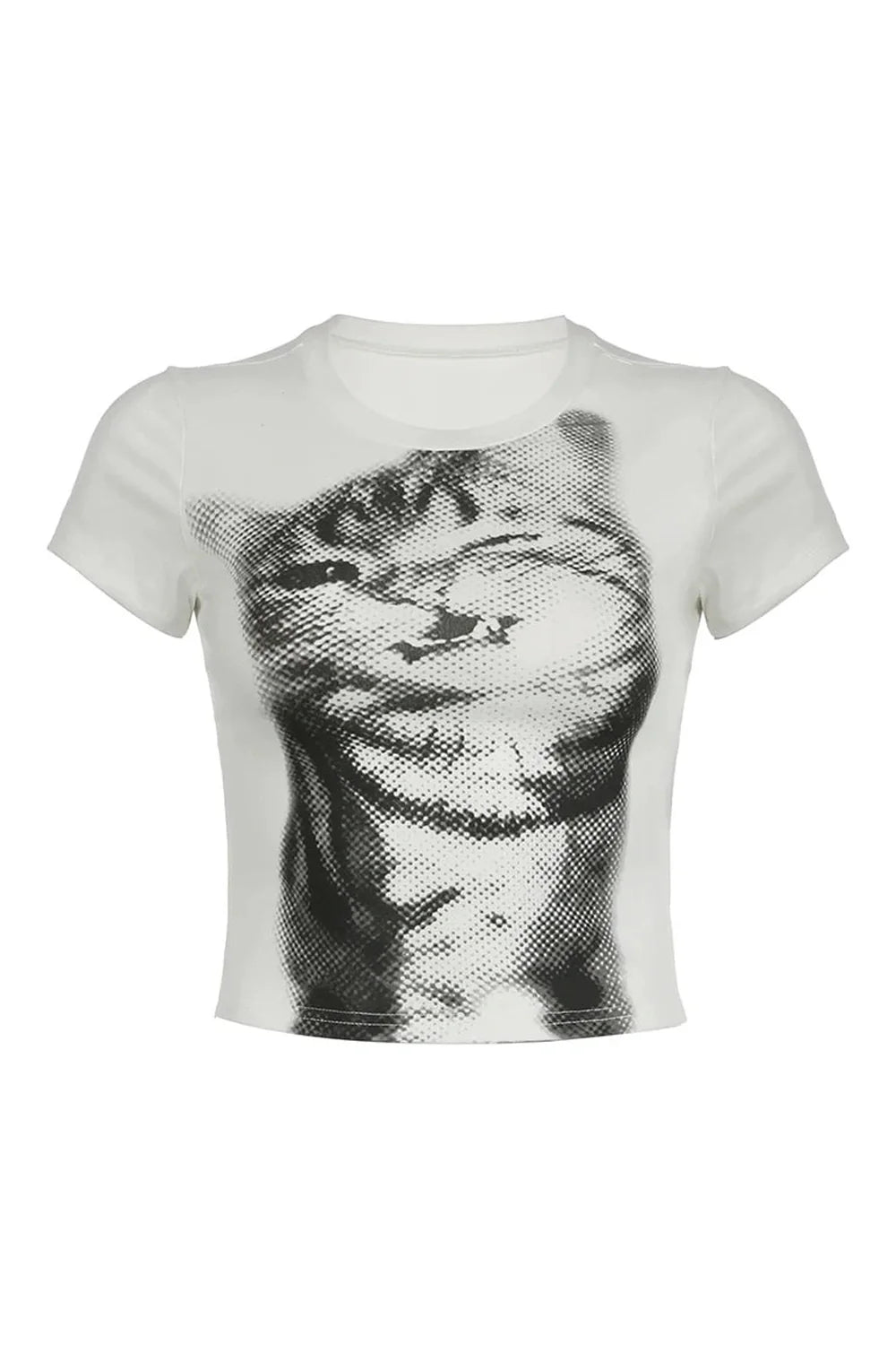 White pixelated cat graphic crop top for women.