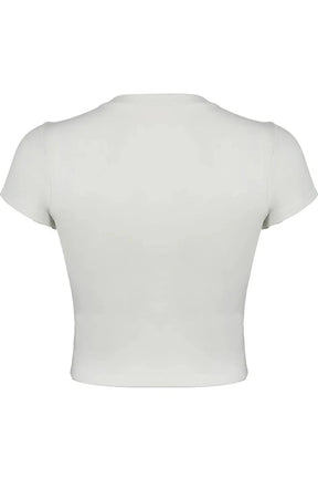 White pixelated cat graphic crop top for women.