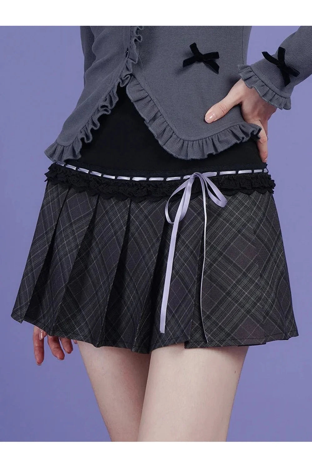 Plaid bow trim skater skirt in picture color.