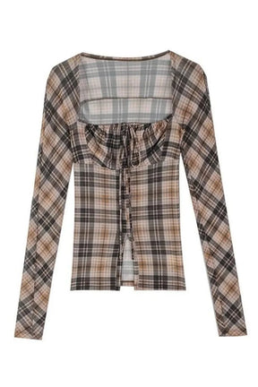 Plaid Cropped Blouse Sunscreen Top