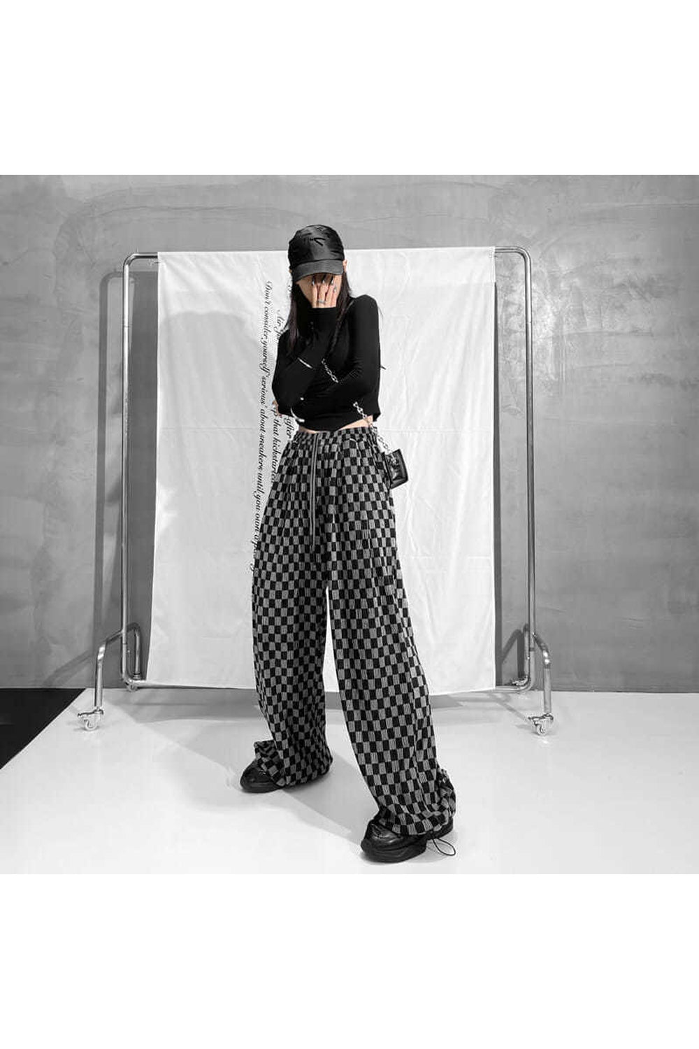 Stylish Black Plaid Wide Leg Pants.