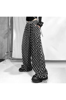 Stylish Black Plaid Wide Leg Pants.