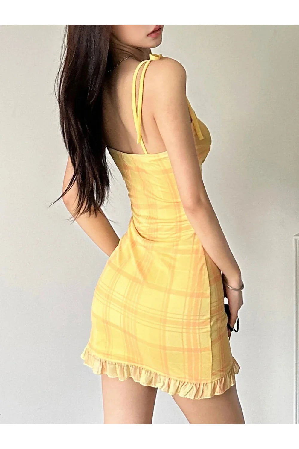 Yellow Plaid Lace-Trim Sweetheart Dress: charming and stylish.