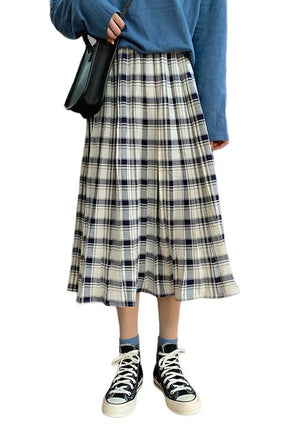 White plaid midi student skirt, timeless fashion.