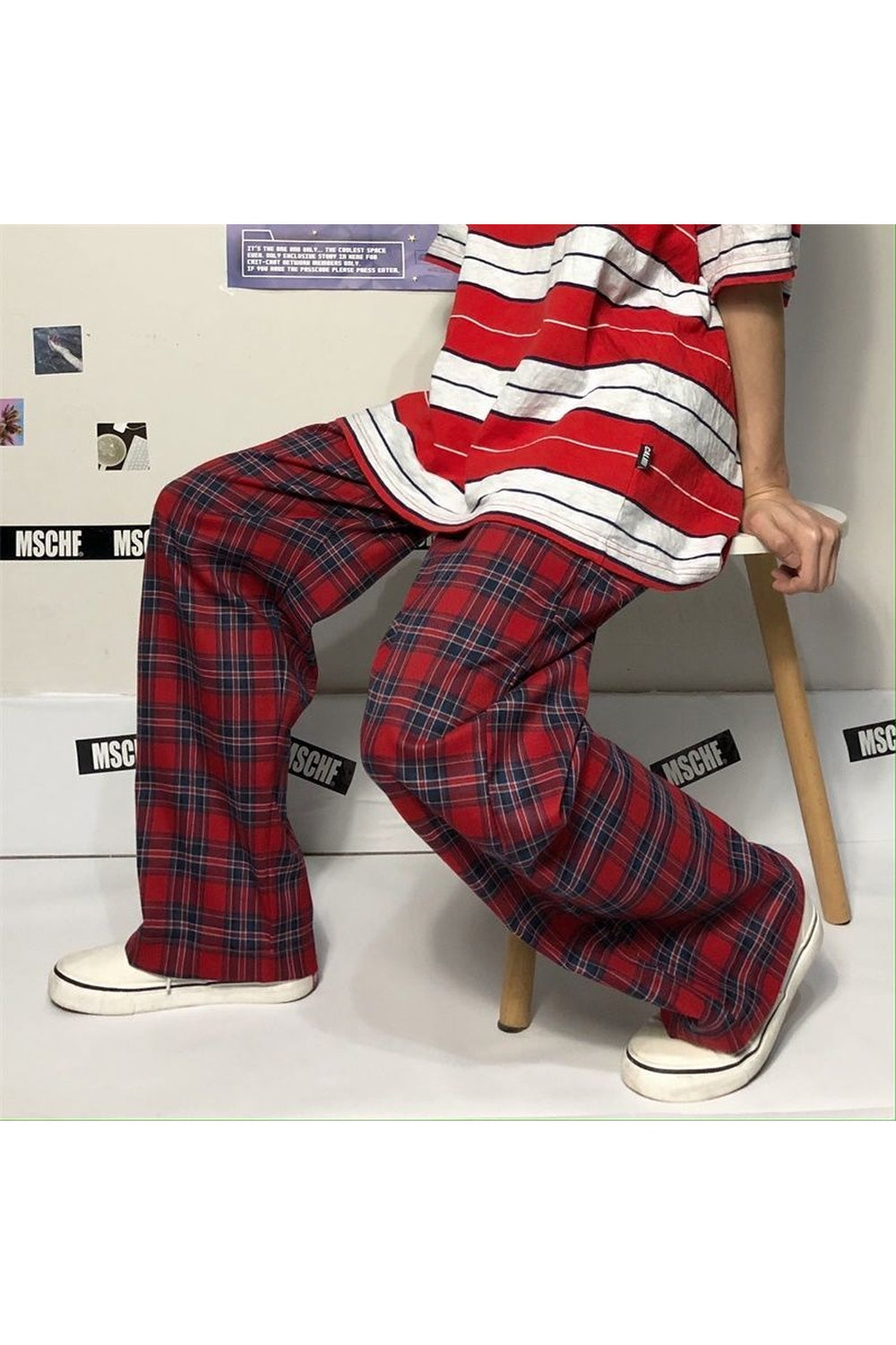 Red plaid oversized wide leg pants for women.