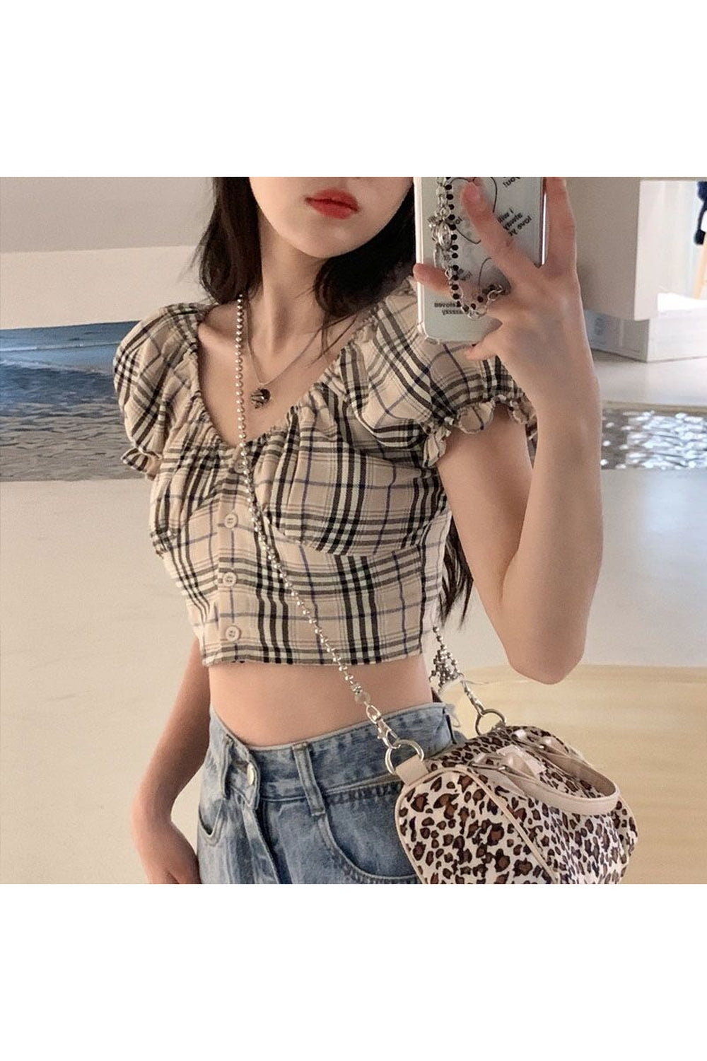 Plaid Puff Sleeve Blouse