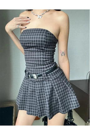 Stylish black plaid strapless skater dress.