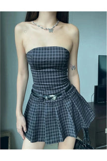 Stylish black plaid strapless skater dress.