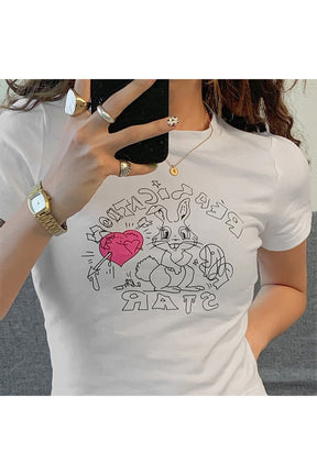 White Preppy Cute Rabbit Print Crop Top trendy.