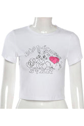 White Preppy Cute Rabbit Print Crop Top trendy.