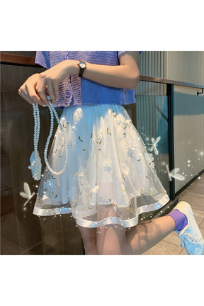 White Preppy Mesh Floral Mini Skirt with elegance.