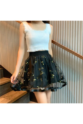 Preppy Mesh Floral Mini Skirt