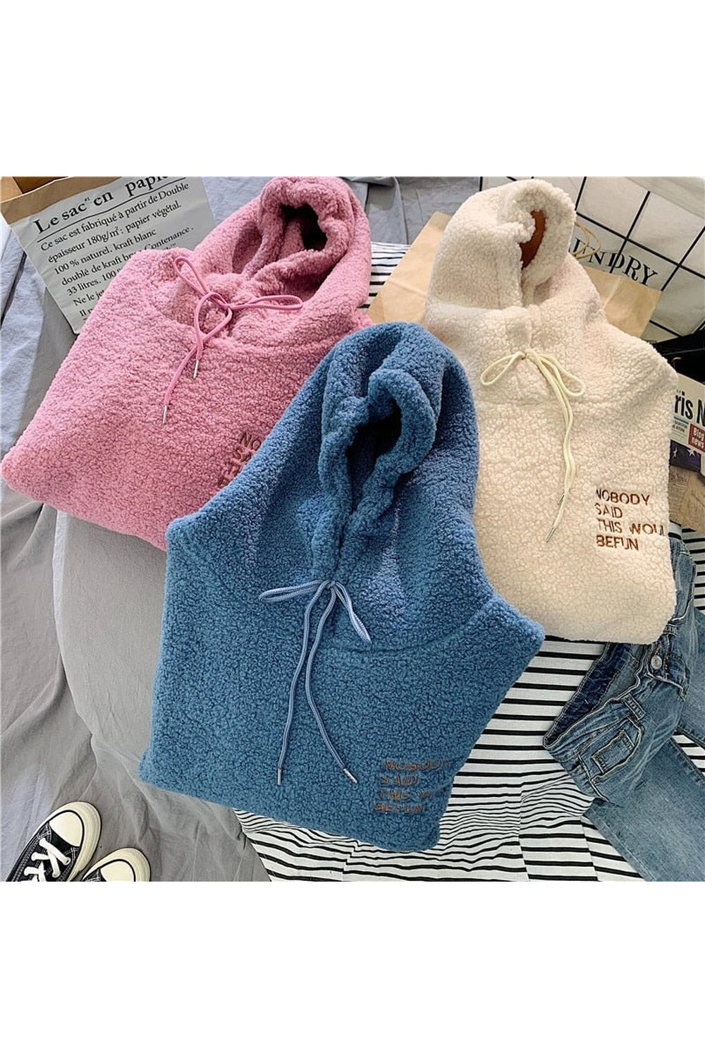 Cozy blue Fall Preppy Pastel Plush hoodie style.