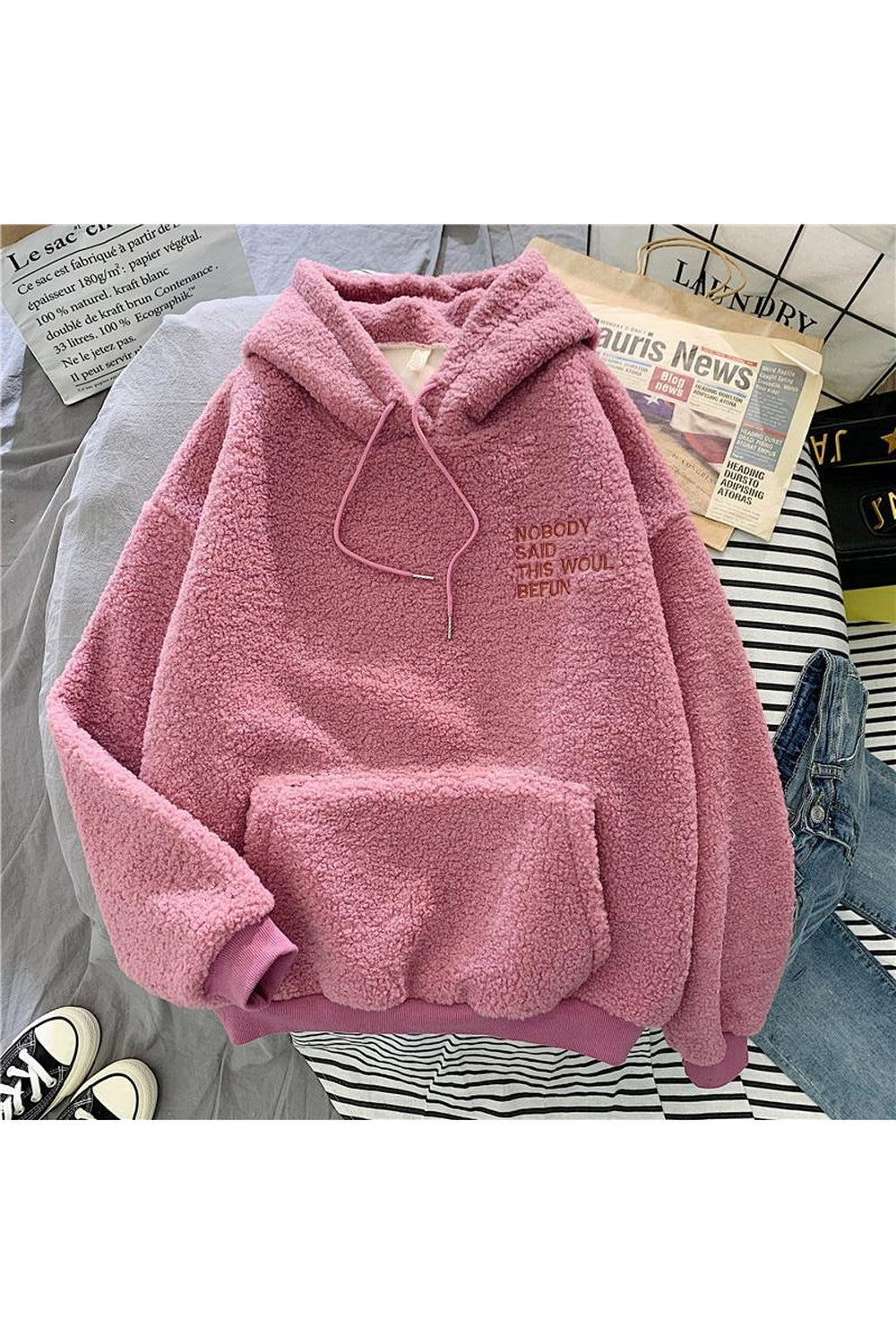 Cozy pink Fall Preppy Pastel Plush hoodie.