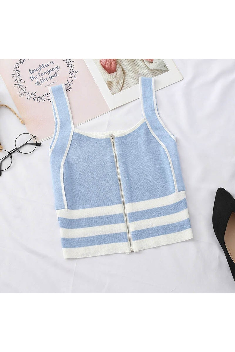 Blue Preppy Zipper Striped Crop Top with flair.