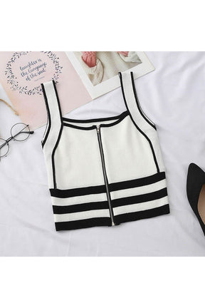 White Preppy Zipper Striped Crop Top for summer.