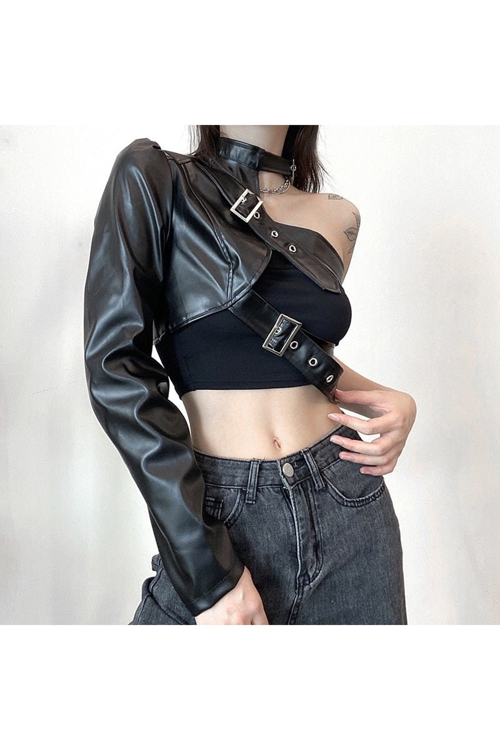 PU Leather One shoulder Punk Crop Top