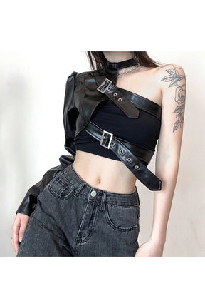 Stylish black PU leather punk crop top.