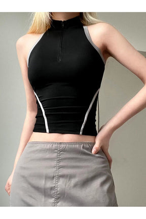 Stylish black backless crop top with zip.