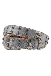 Stylish silver belt with punk crystal studs.