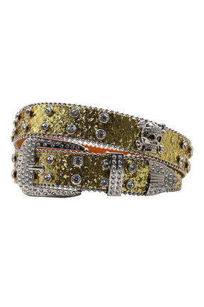 Stylish Punk Crystal Studded Gold Cowboy Belt.