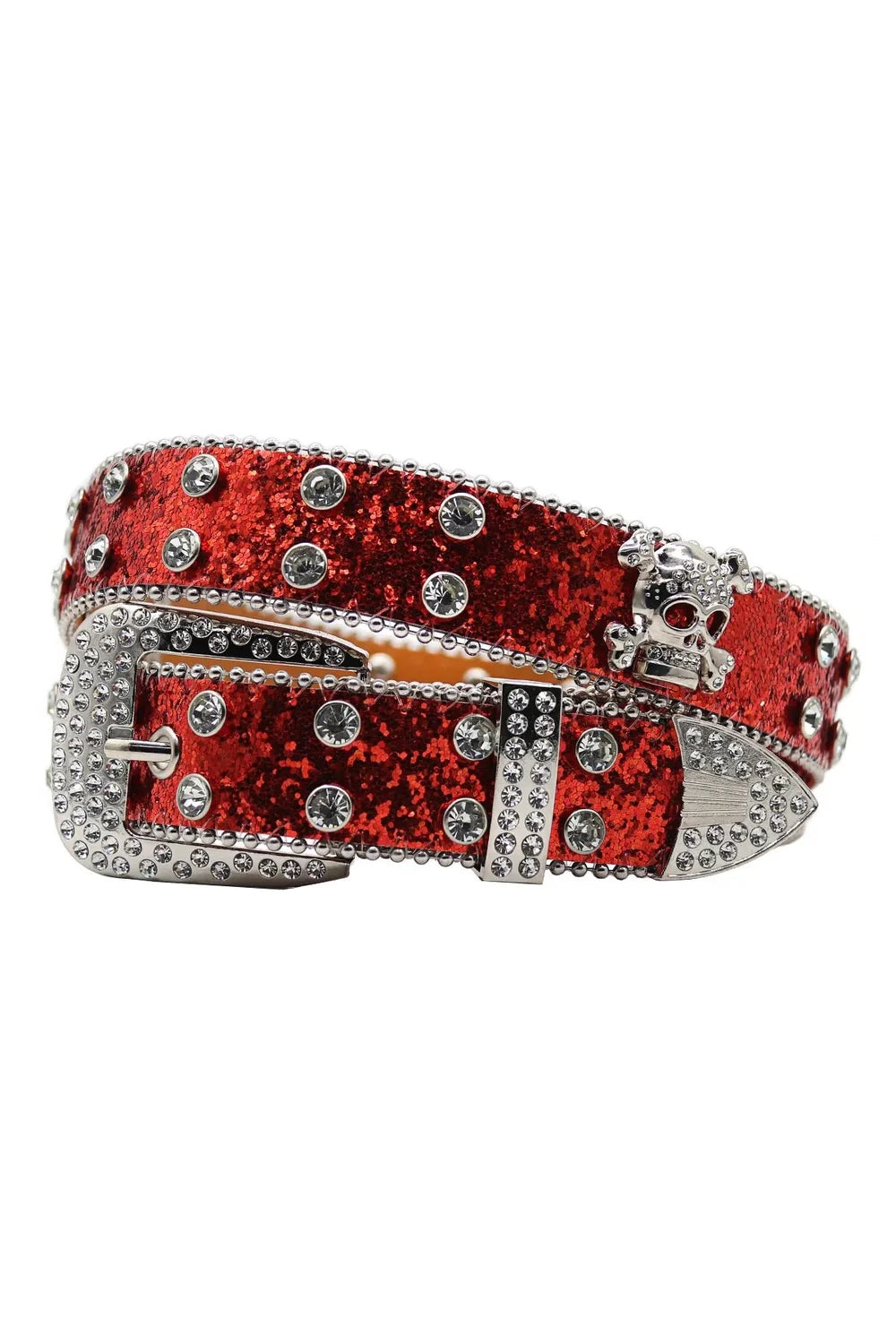 Red punk crystal studded cowboy belt statement piece.