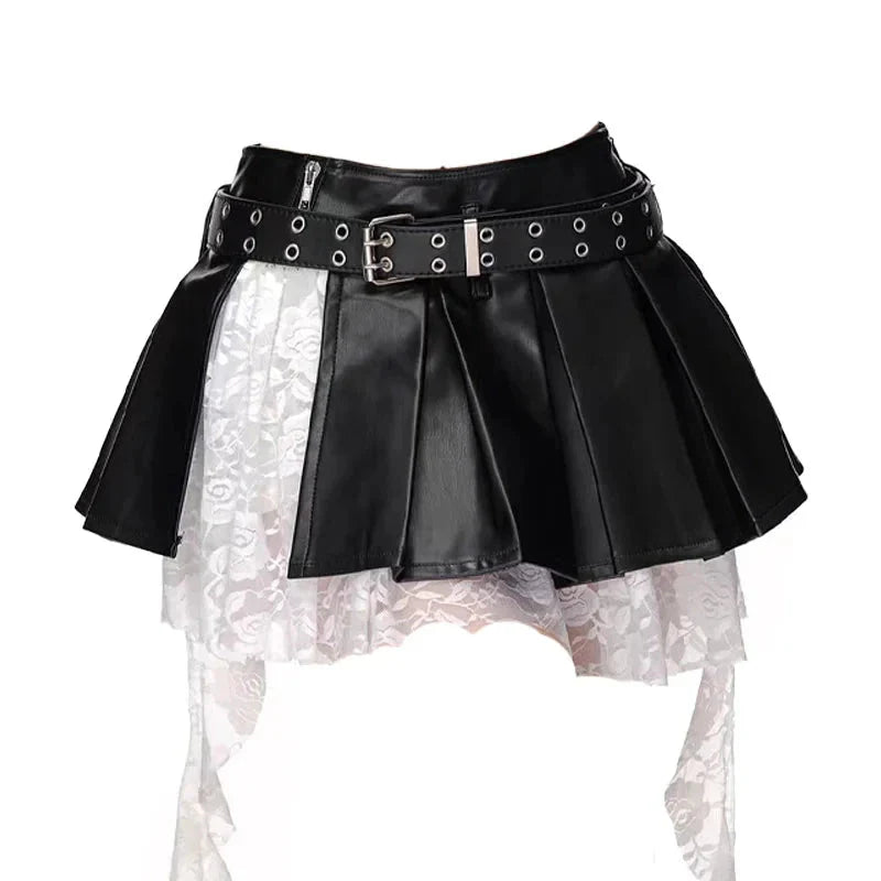 Layered black faux leather skirt for a punk style.