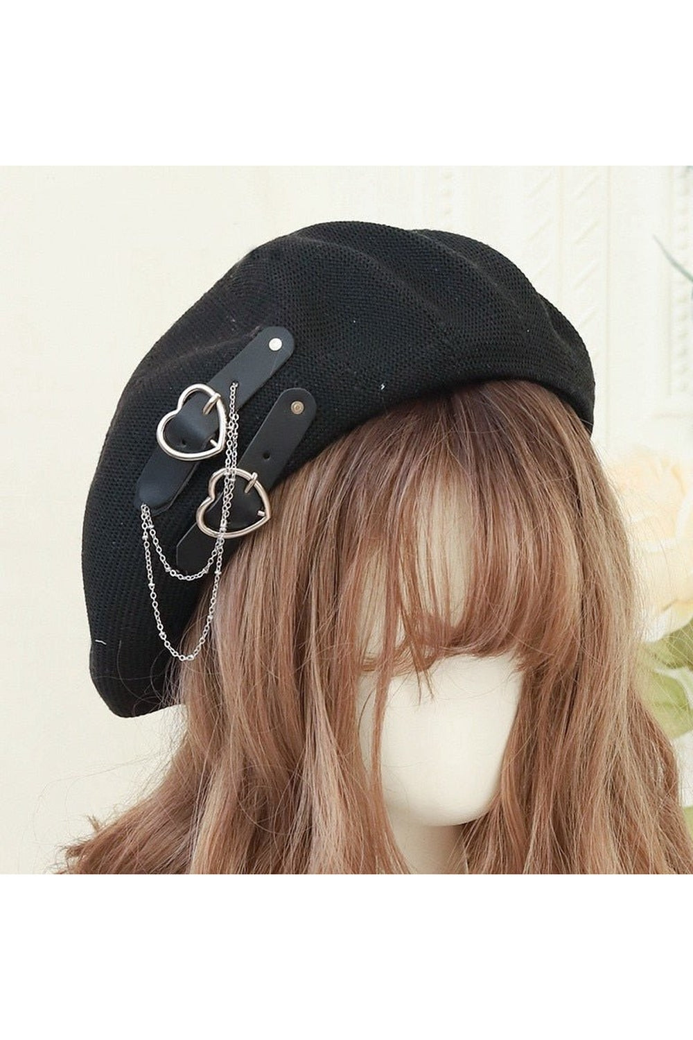 Stylish black Punk Heart Beret Hat with flair.