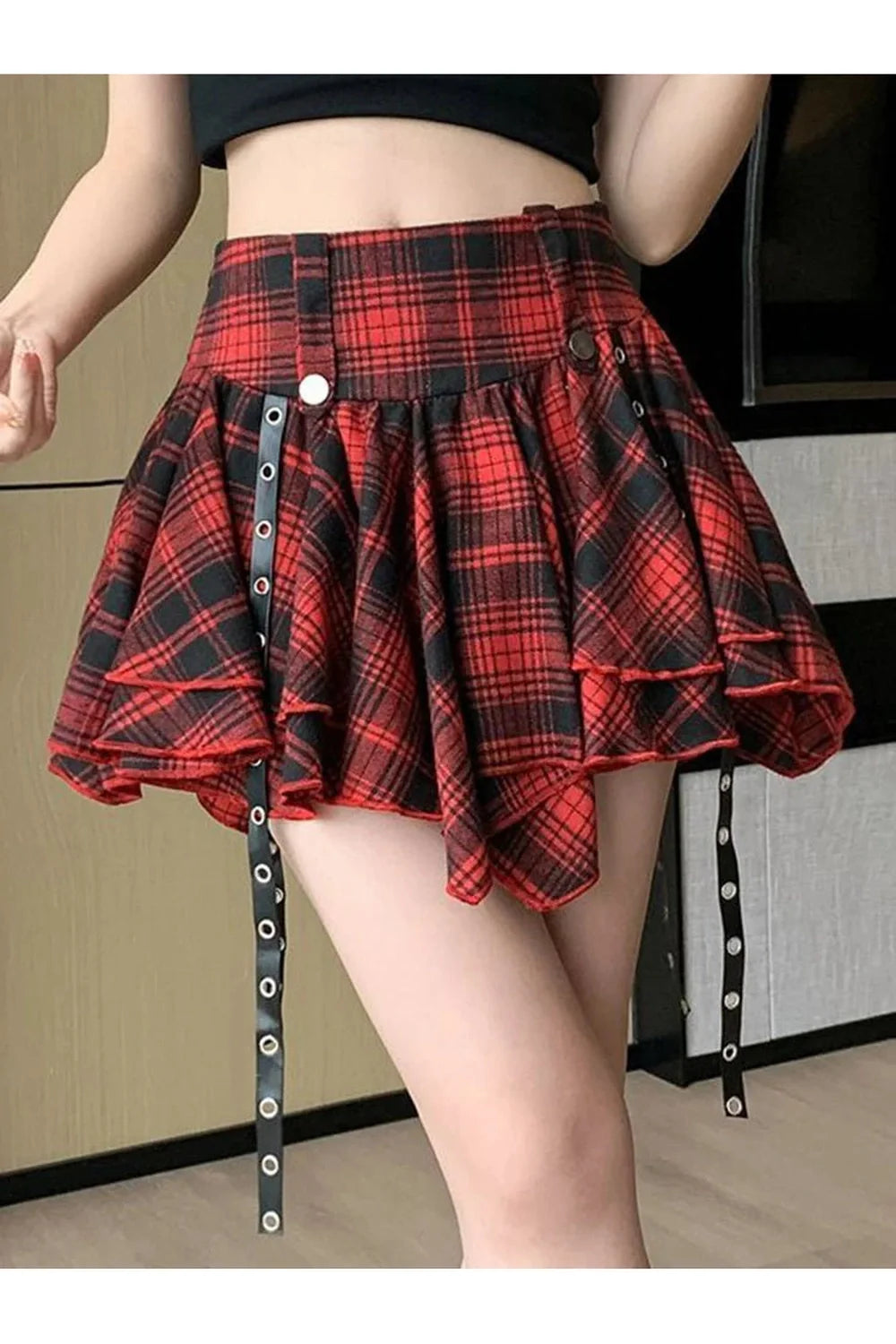 Red Punk Plaid Layered Skirt with edgy style.