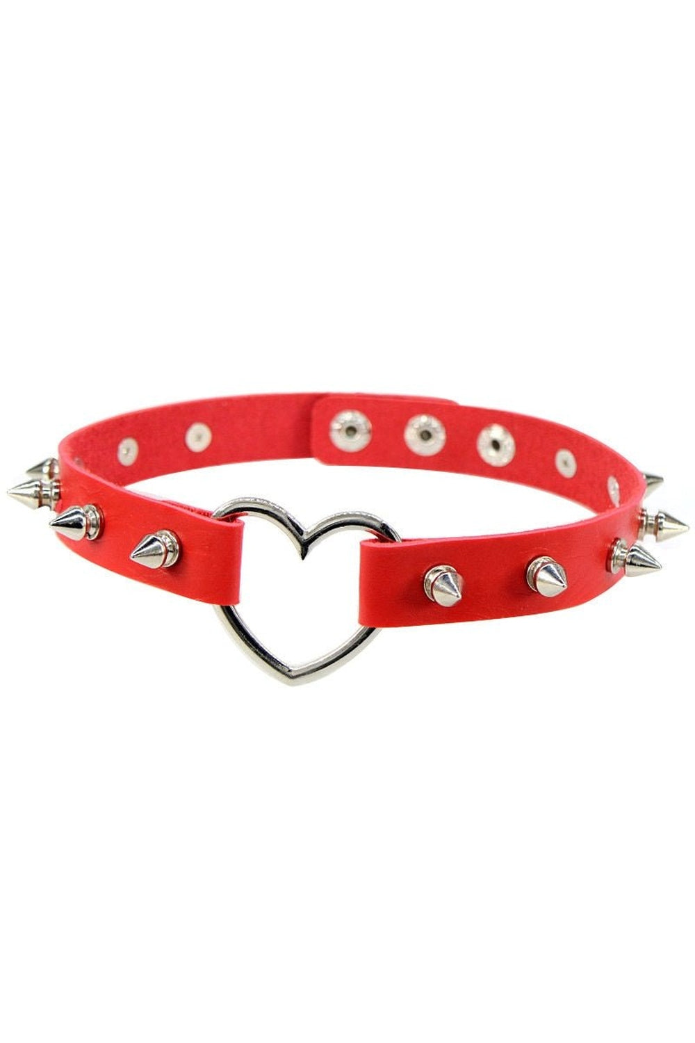 Red Punk Spiked Heart Choker with edgy spikes.