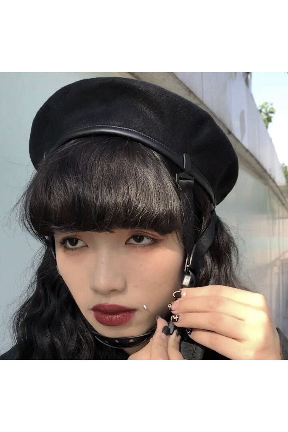 Punk Style Black Beret Adjustable Buckle