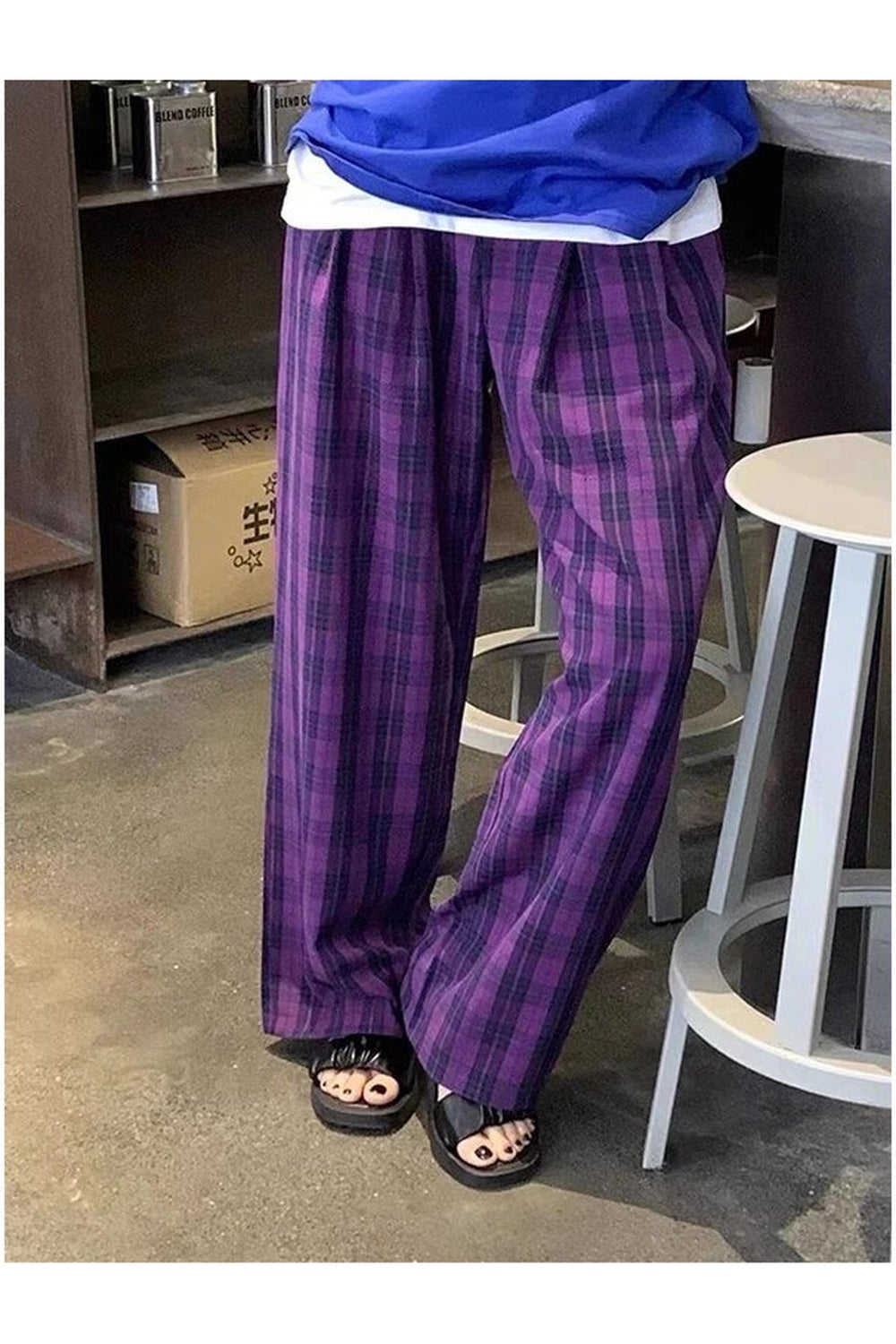 Purple Plaid Wide Leg Pants in striking Purple.