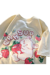 Cute Rabbit Strawberry Print T-shirt in Apricot.