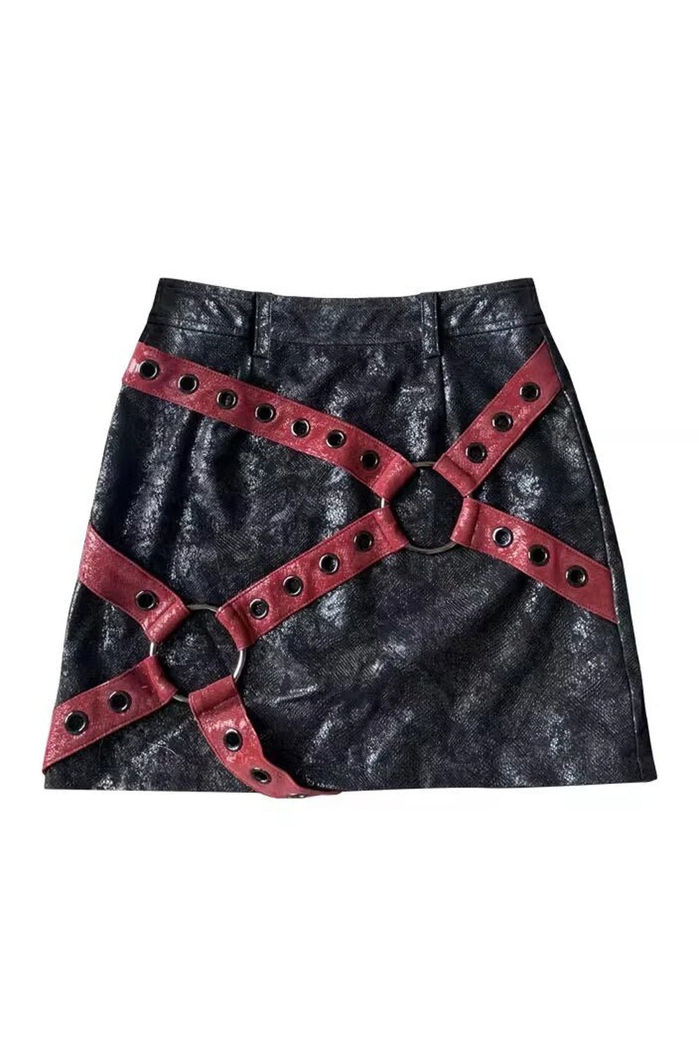 Stylish Red & Black PU Leather Mini Skirt, Red-black.