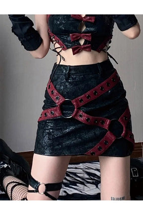 Stylish Red & Black PU Leather Mini Skirt, Red-black.