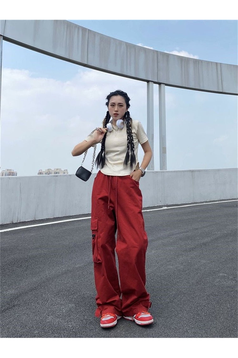 Red Cargo Wide Leg Pants