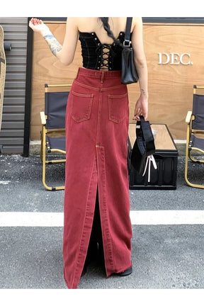 Red Denim Elegance Floor-Length Skirt