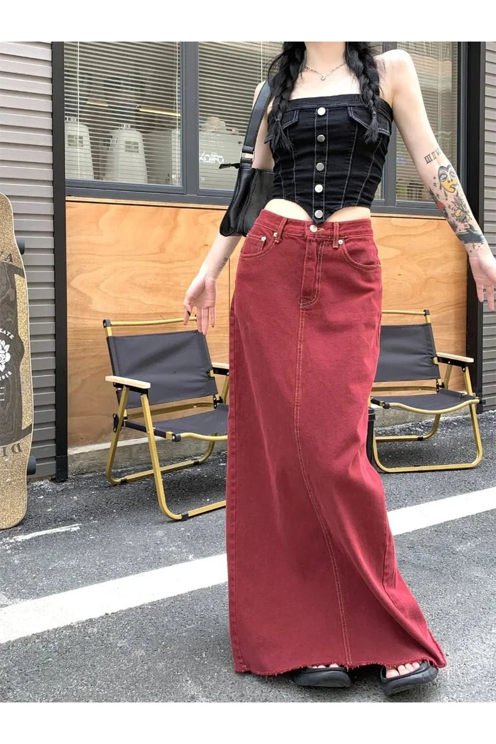 Red Denim Elegance Floor-Length Skirt in Red, stylish.