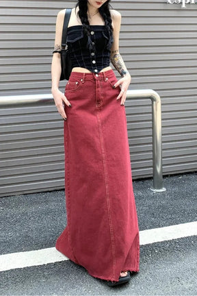 Red Denim Elegance Floor-Length Skirt