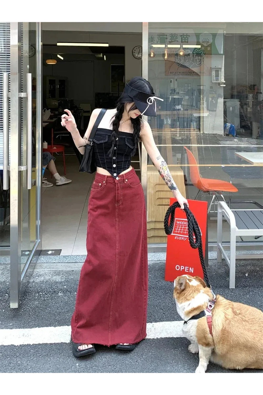 Red Denim Elegance Floor-Length Skirt