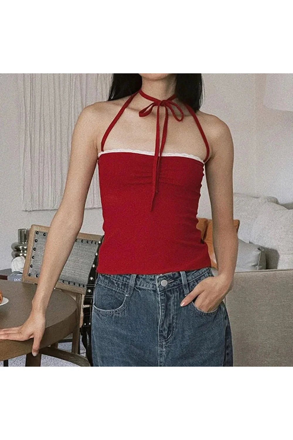 Red Lace-Trim Halter Top