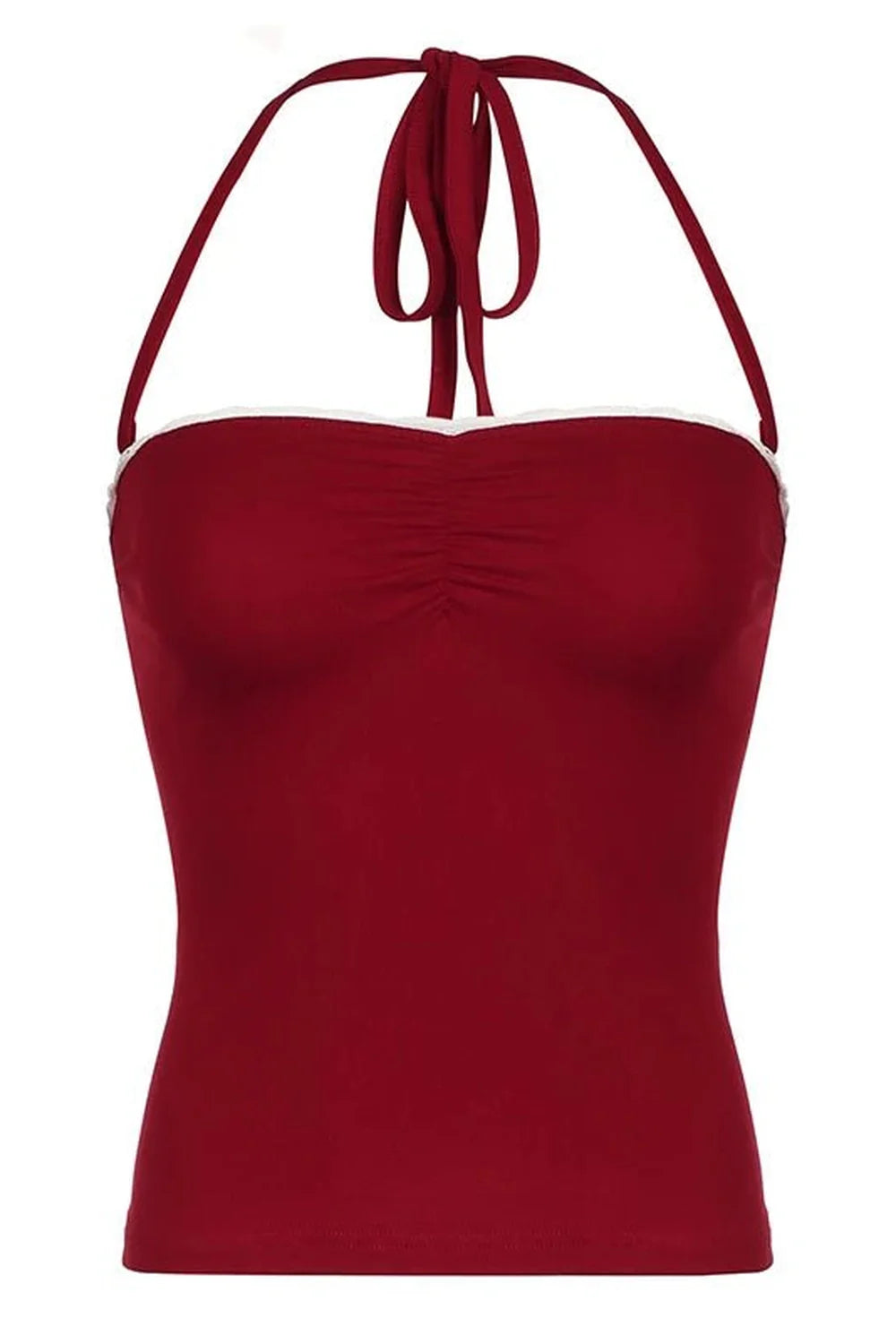 Red Lace-Trim Halter Top in vibrant Red.