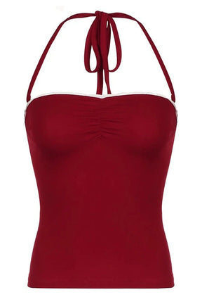 Red Lace-Trim Halter Top in vibrant Red.