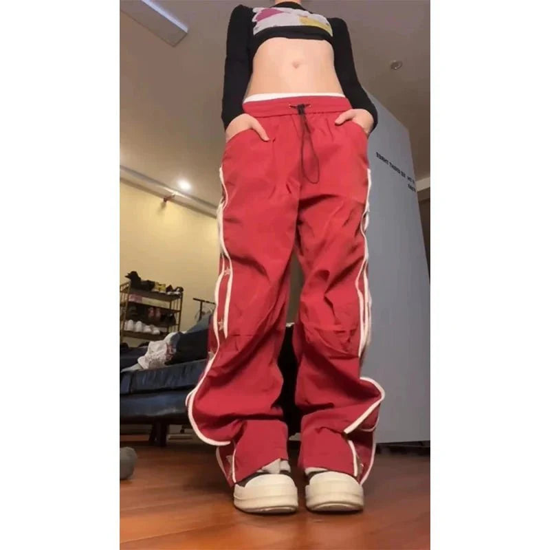 Red Star-Stripe Baggy Track Pants