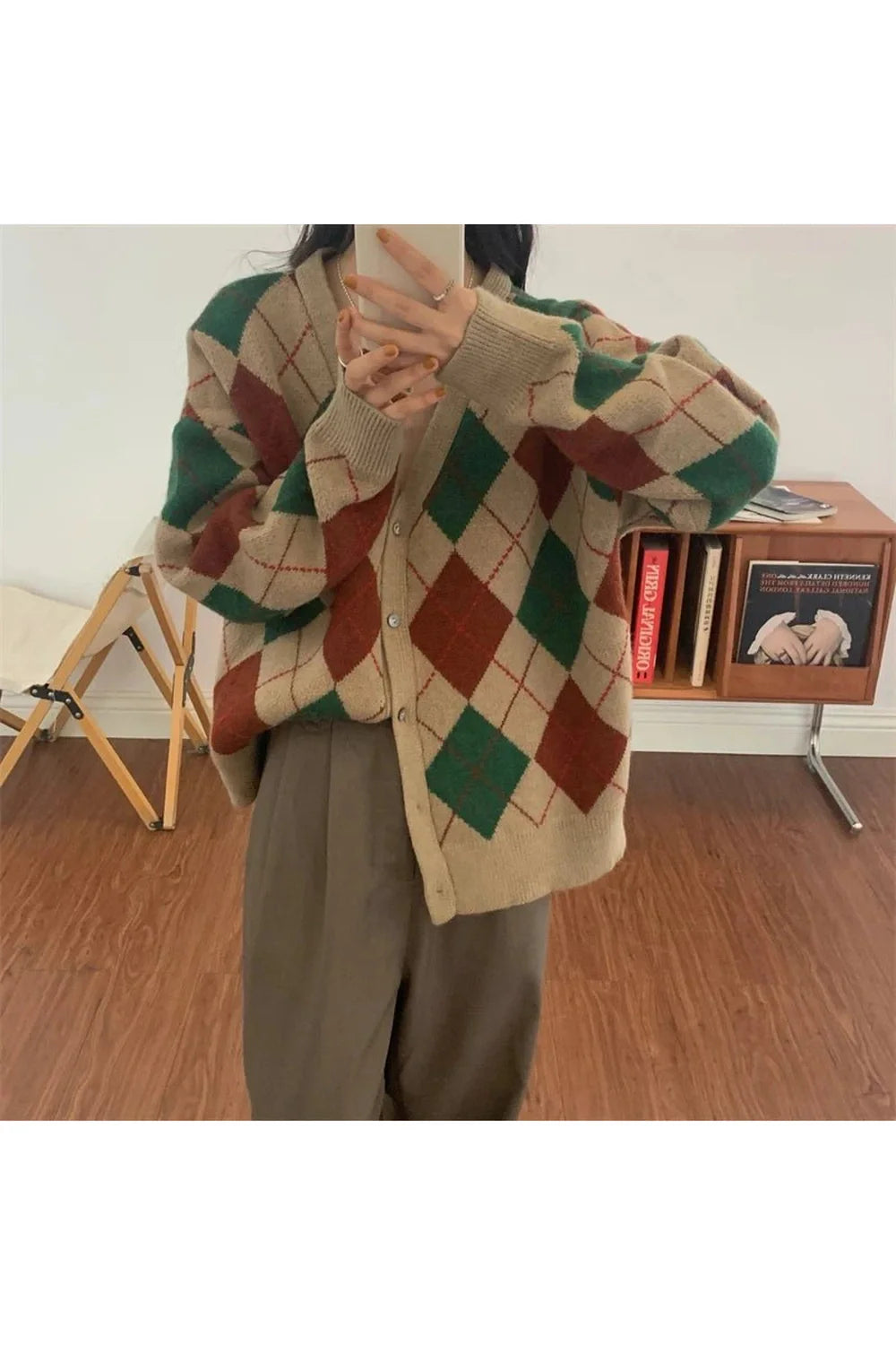 Fall Retro Argyle Knit Cardigan