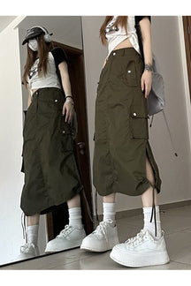 Vintage Army Green Cargo Skirt with Pockets.