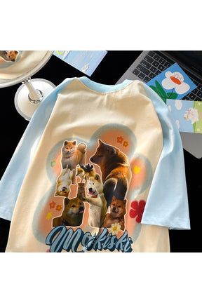 Blue Retro Dog Raglan Sleeve T-Shirt, playful design.