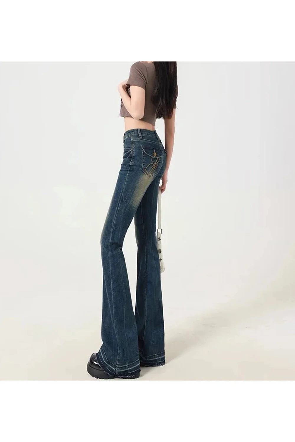 Vintage Blue Floral Embroidered Flare Jeans.